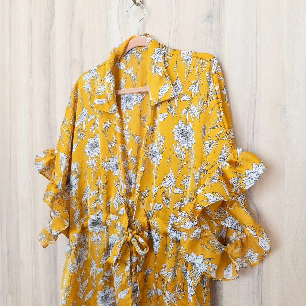 Womens‎ Floral Kimono Coverup One Size Yellow Ruffle Tie Waist Boho Romantic